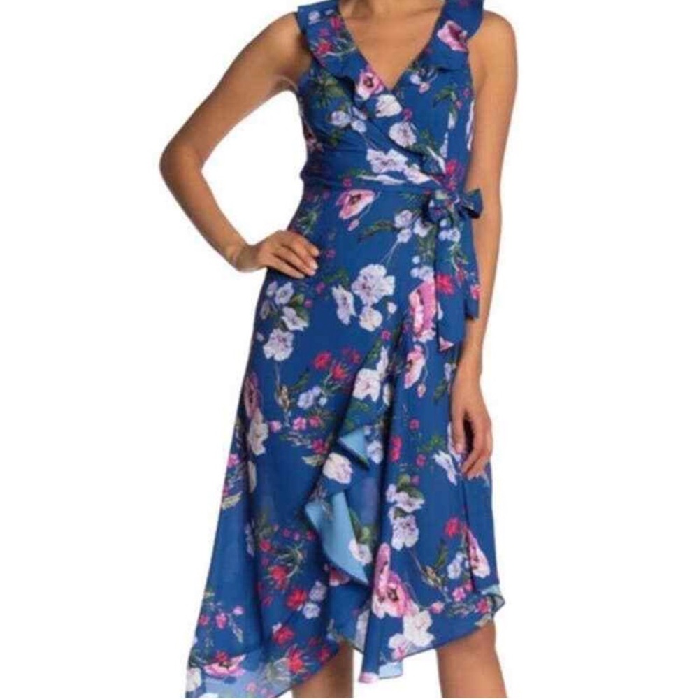 Parker Demi Wrap Ruffle Midi Floral Blue Wrap Dress
